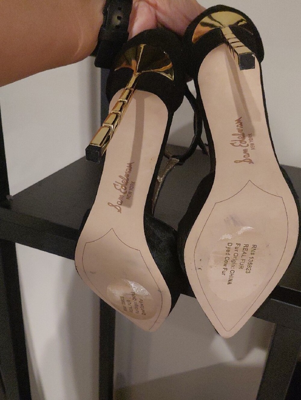 Sam Edelman Black Pointed T-Strap Stiletto Heels with Gold Heel - Picture 6 of 8
